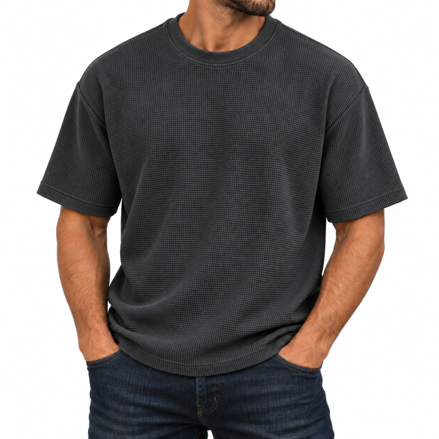 Men's Heavyweight Micro Waffle Knit Drop Shoulder Short Sleeve Tee — Black
