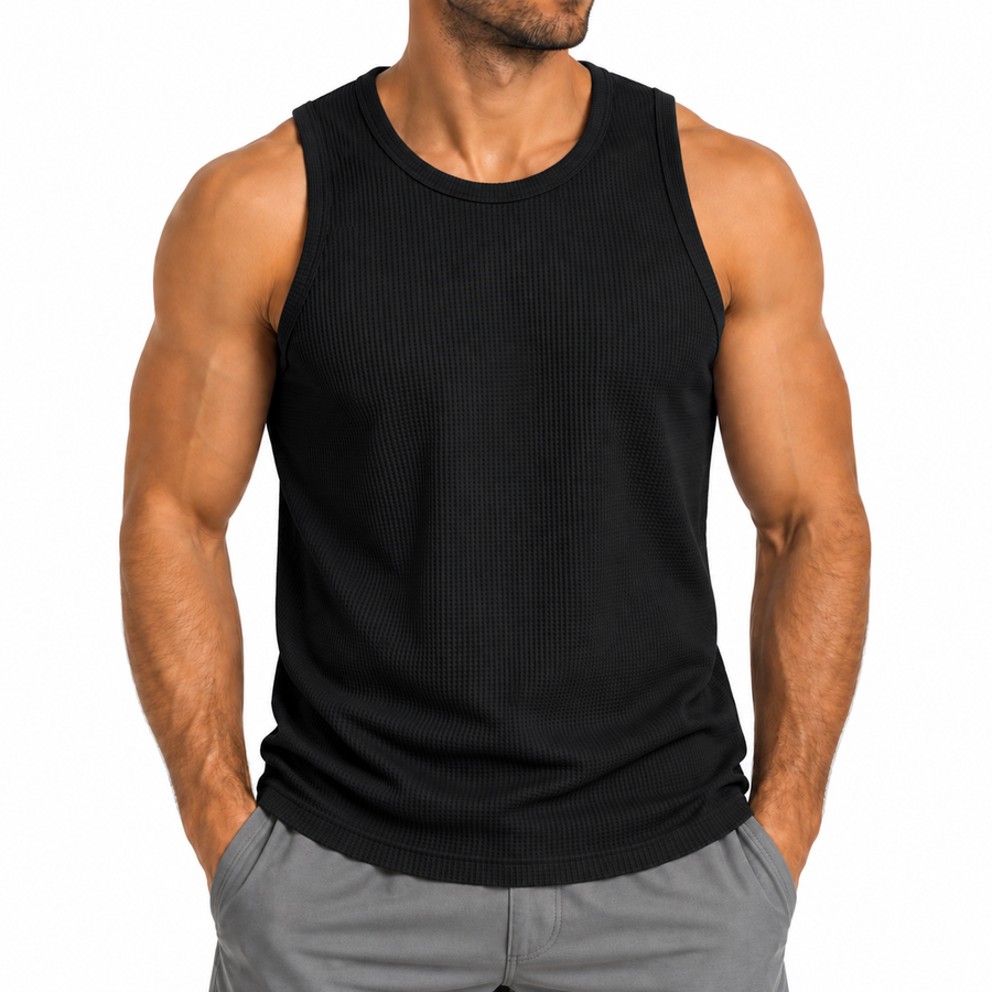 Men's Micro Waffle Knit Heavyweight Sleeveless Tank Top — Black