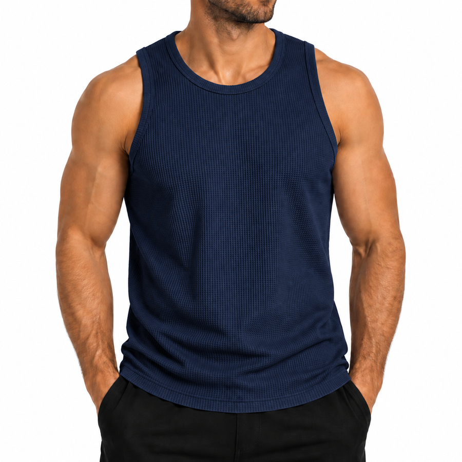 Men's Micro Waffle Knit Heavyweight Sleeveless Tank Top — Navy