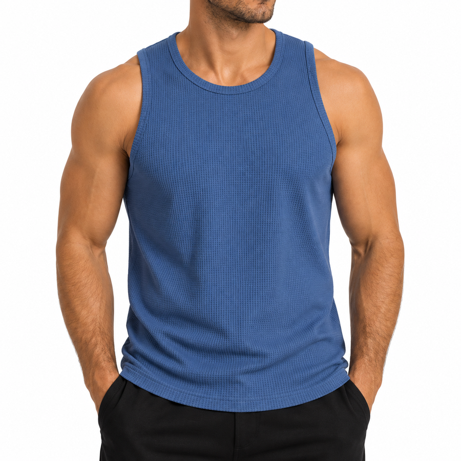 Men's Micro Waffle Knit Heavyweight Sleeveless Tank Top — Sea Blue