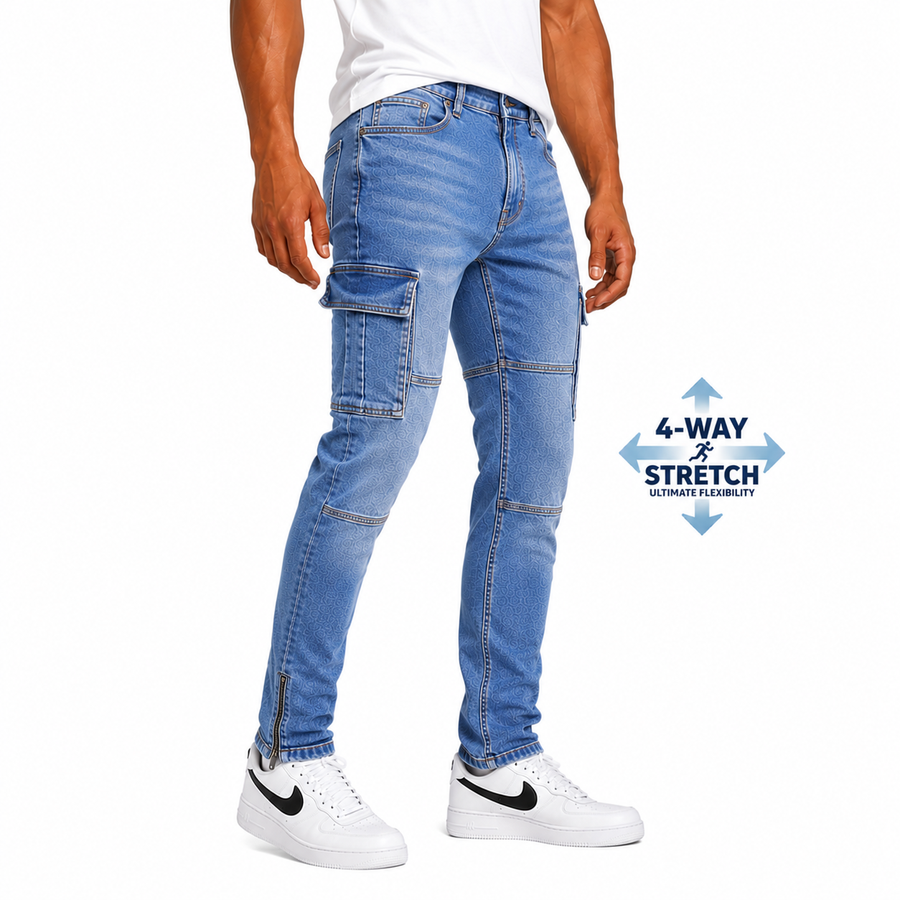 Men's Stretch Slim Straight Cargo Pocket Jeans — Medium Wash