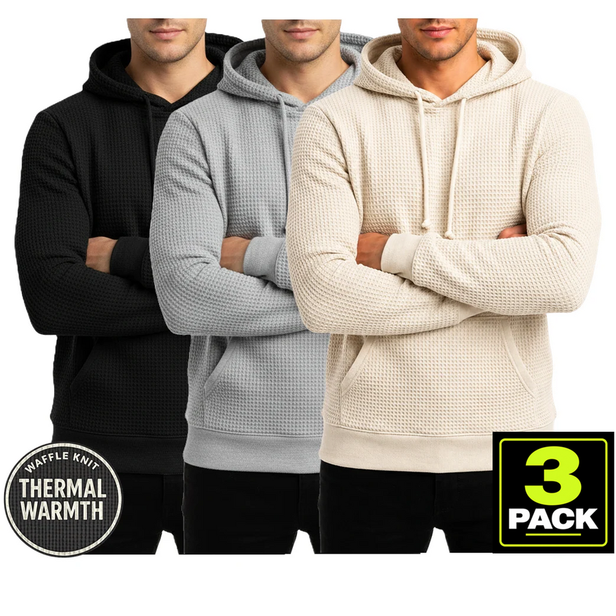 Men's 3-Pack Waffle-Knit Thermal Pullover Hoodie — Black / Heather Grey / Natural