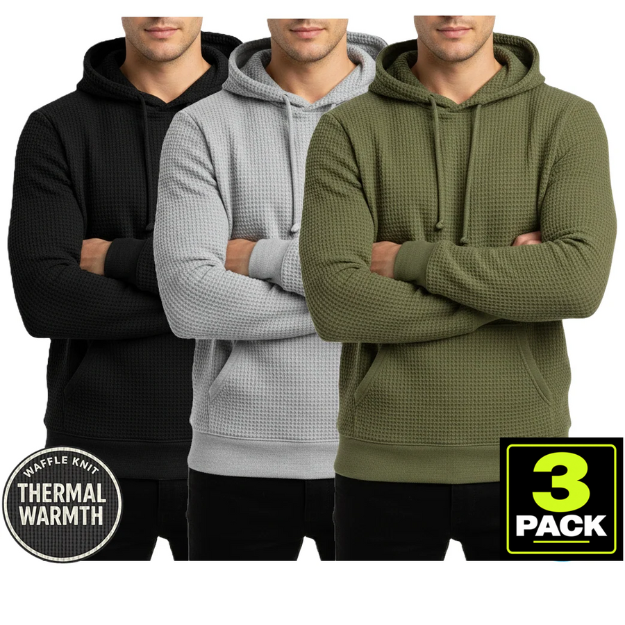 Men's 3-Pack Waffle-Knit Thermal Pullover Hoodie — Black / Heather Grey / Olive