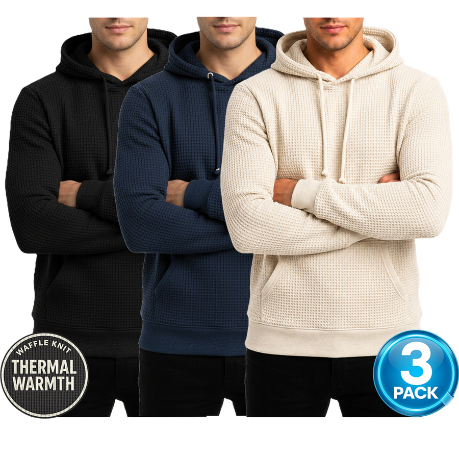 Men's 3-Pack Waffle-Knit Thermal Pullover Hoodie — Black / Navy / Natural
