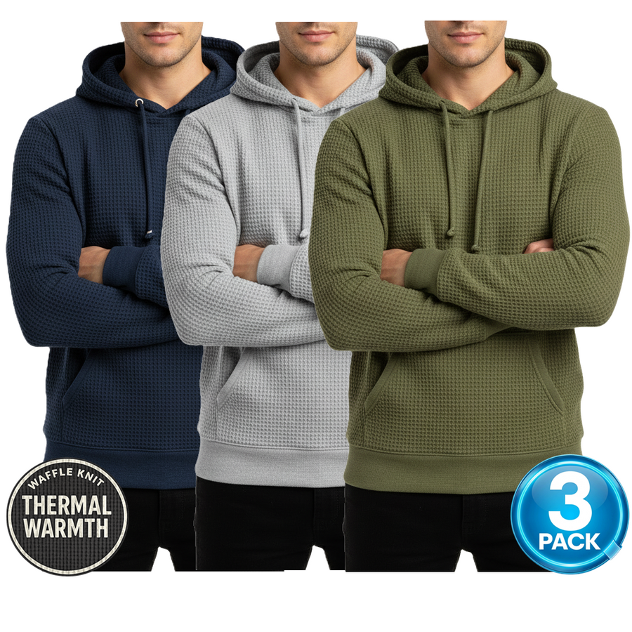 Men's 3-Pack Waffle-Knit Thermal Pullover Hoodie — Navy / Heather Grey / Olive