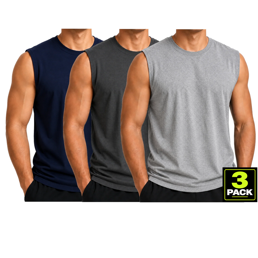 Men's 3-Pack Cotton Muscle Tee — Navy / Charcoal / Heather Grey