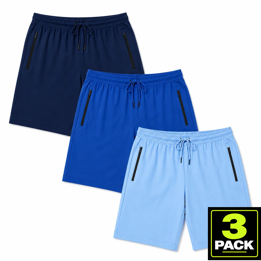 Men's 3-Pack Performance Workout Shorts With Zippered Pockets — Navy / Royal / Light Blue