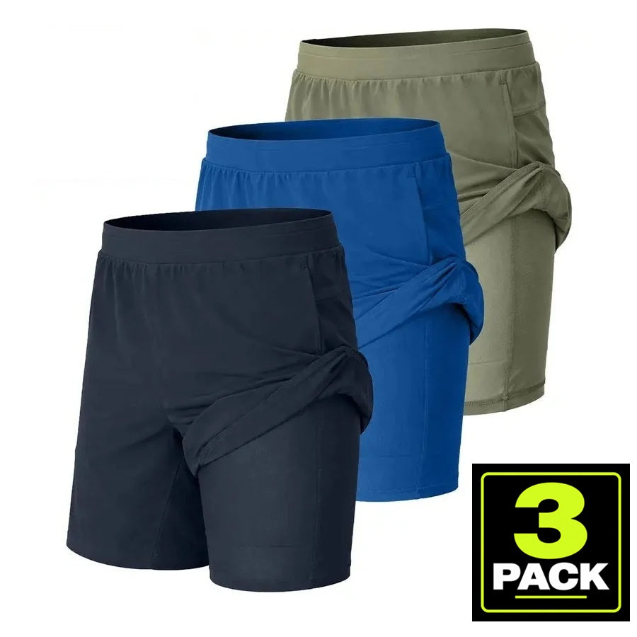 Men's 3-Pack Workout Shorts with Compression Liner — Navy / Royal Blue / Sage