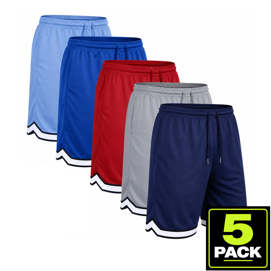 Men's 5-Pack Mesh Athletic Shorts with Trim — Navy / Silver / Red / Royal / Carolina