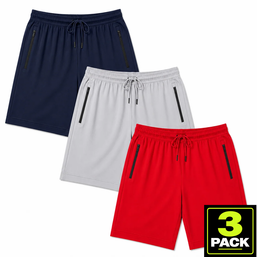 Men's 3-Pack Performance Workout Shorts With Zippered Pockets — Navy / Silver / Red