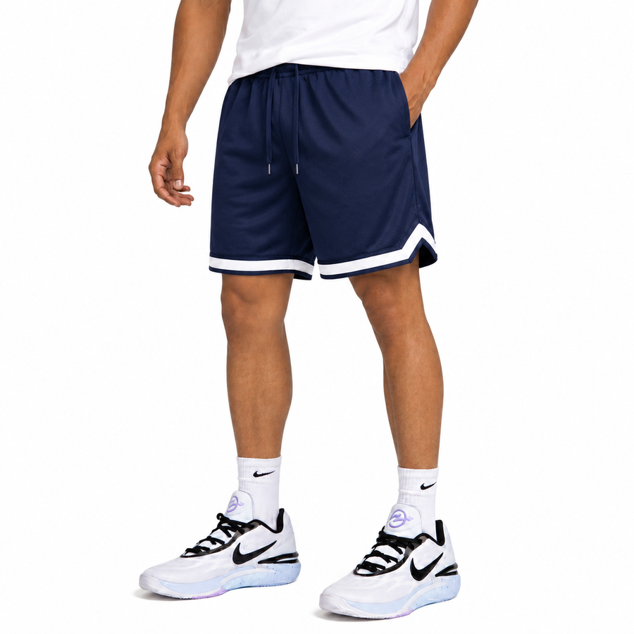 Men's Mesh Athletic Shorts With White Trim & Pockets — Navy