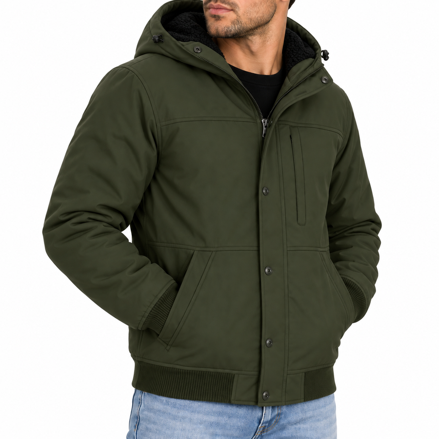 Men's Heavyweight Sherpa Fleece Lined Hooded Winter Bomber Jacket — Olive