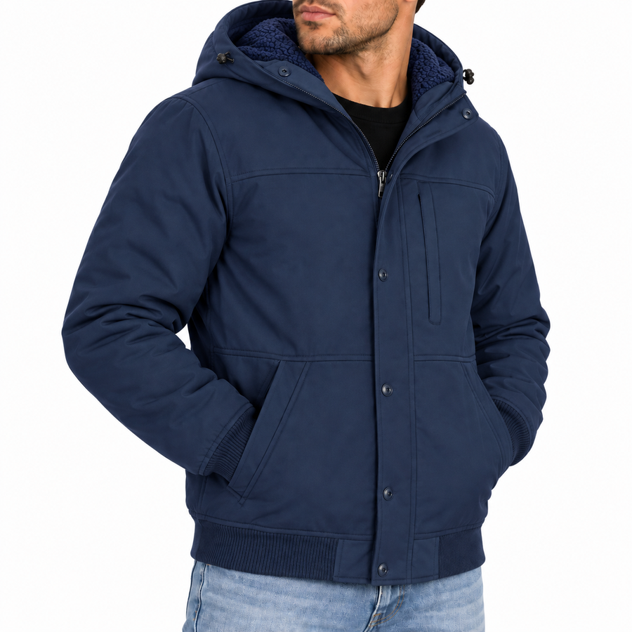 Men's Heavyweight Sherpa Fleece Lined Hooded Winter Bomber Jacket — Navy