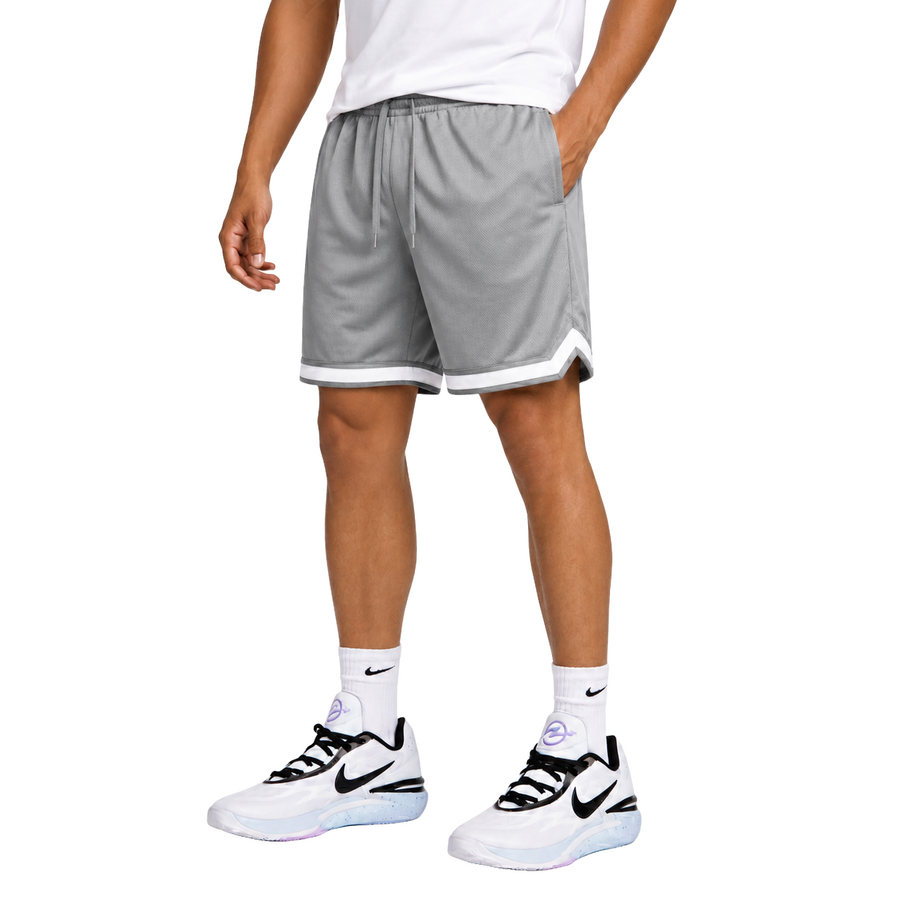 Men's Mesh Athletic Shorts With White Trim & Pockets — Silver