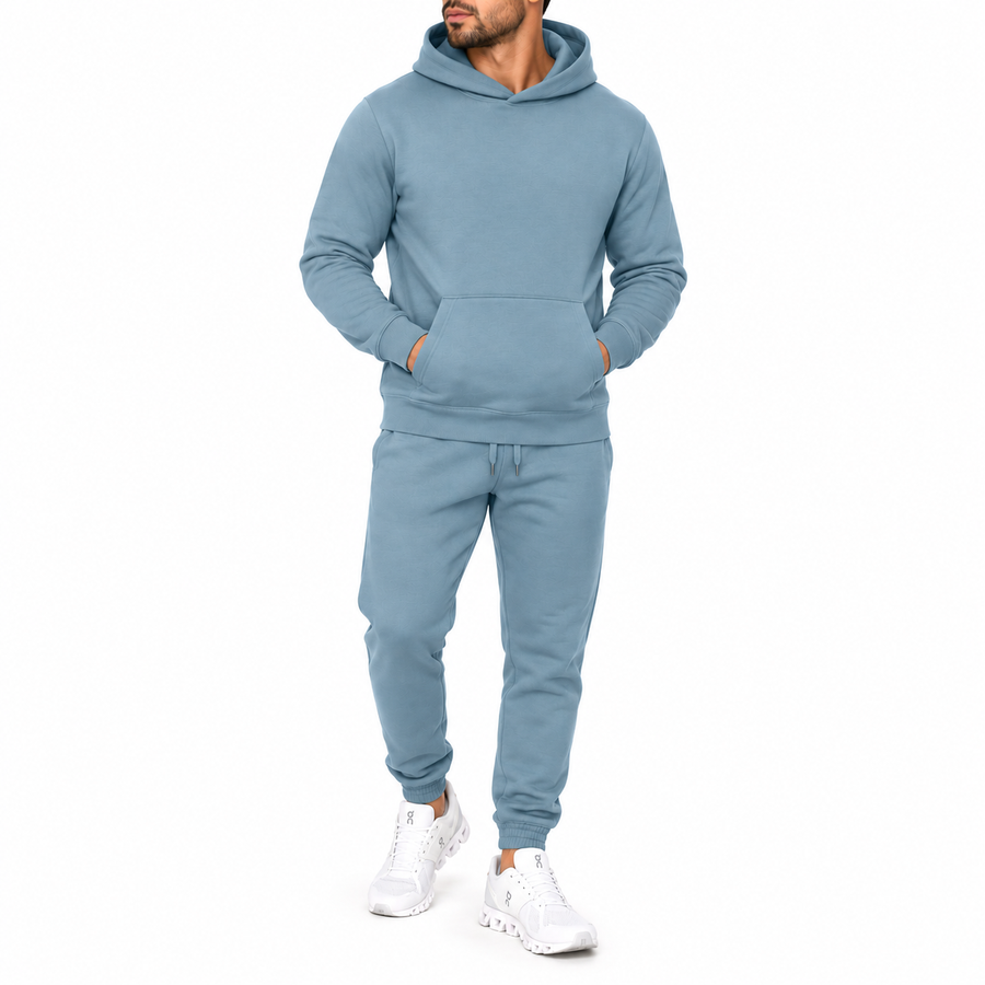 Men's Heavyweight Soft Fleece Cotton Blend Pullover Hoodie & Sweatpants Set — Smokey Blue
