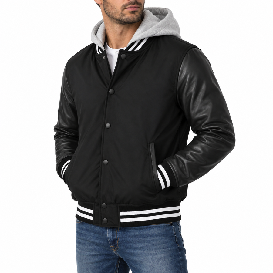 Men's Hooded Varsity Jacket With Detachable Hood — Black with Black Sleeves
