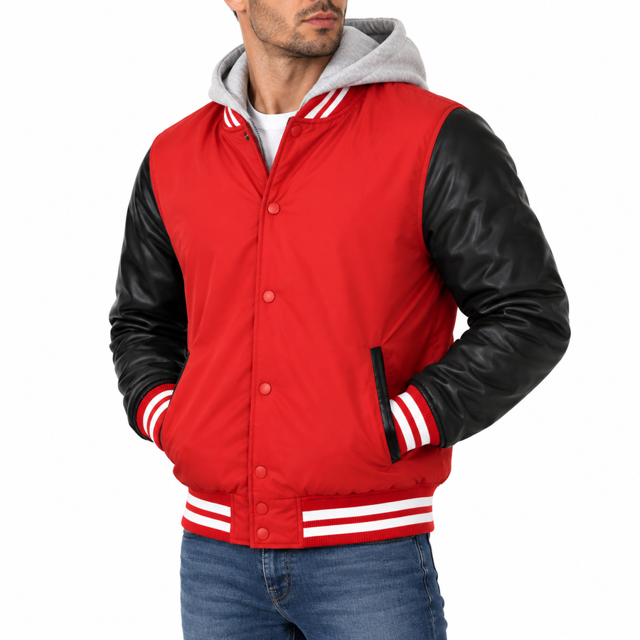 Men's Hooded Varsity Jacket With Detachable Hood — Black with Red Sleeves