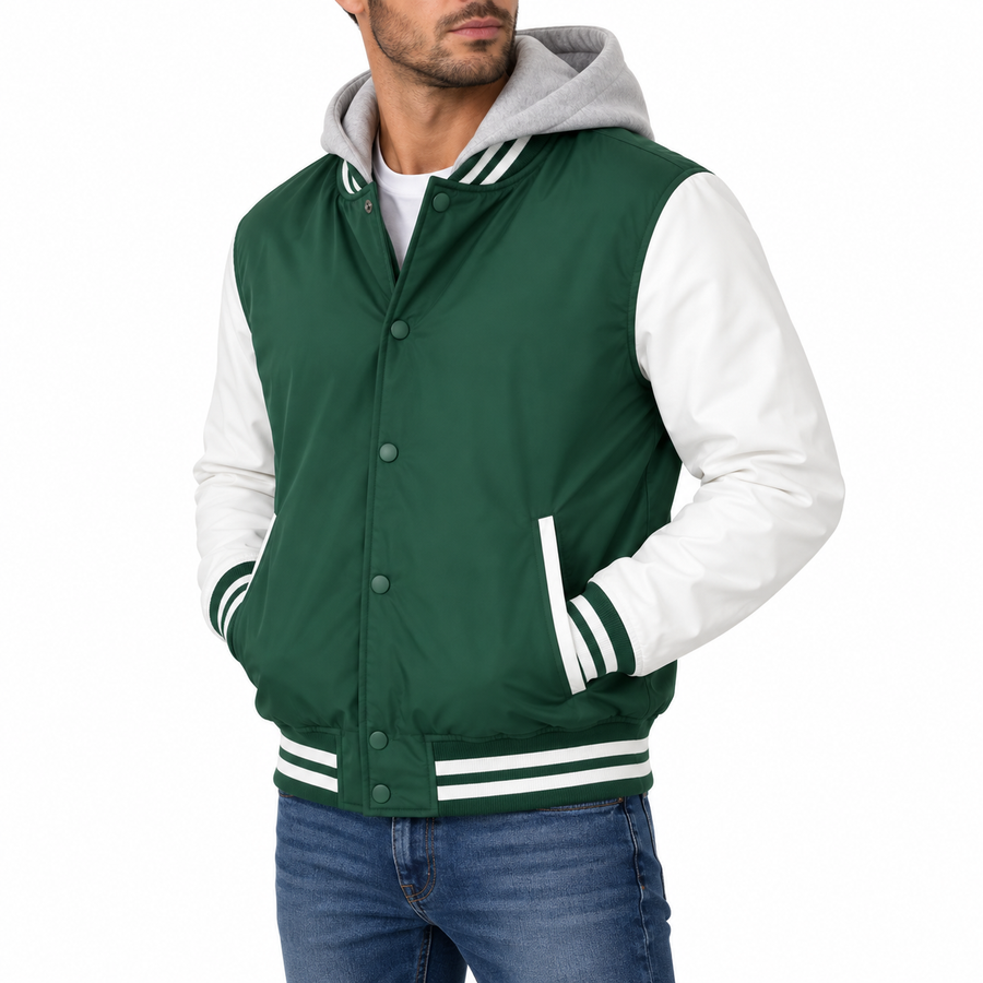 Men's Hooded Varsity Jacket With Detachable Hood — Hunter Green with White Sleeves