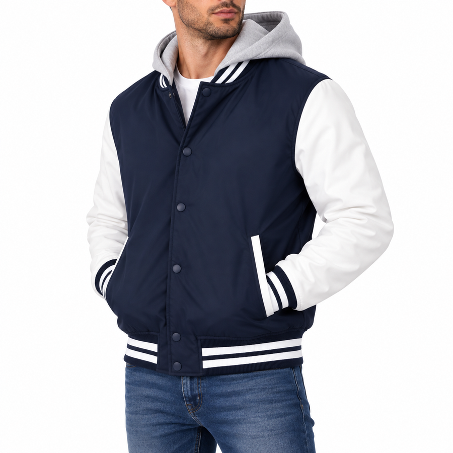 Men's Hooded Varsity Jacket With Detachable Hood — Navy with White Sleeves