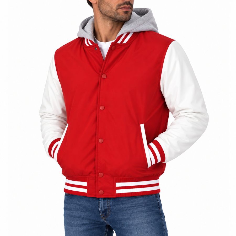 Men's Hooded Varsity Jacket With Detachable Hood — Red with White Sleeves