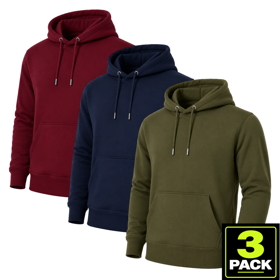 Men's 3-Pack Heavyweight Soft Fleece Pullover Hoodie — Burgundy / Navy / Olive