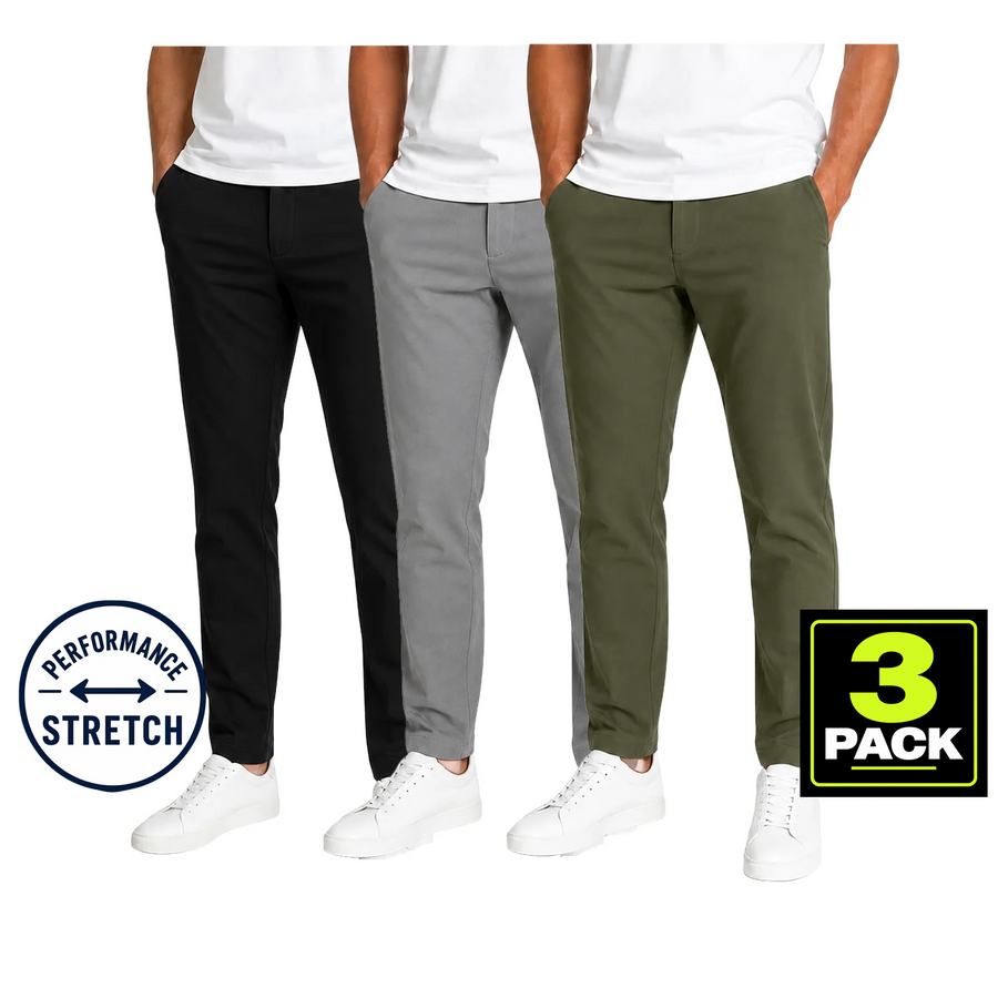 Young Men's 3-Pack Stretch Performance Fit Pants — Black / Grey / Olive