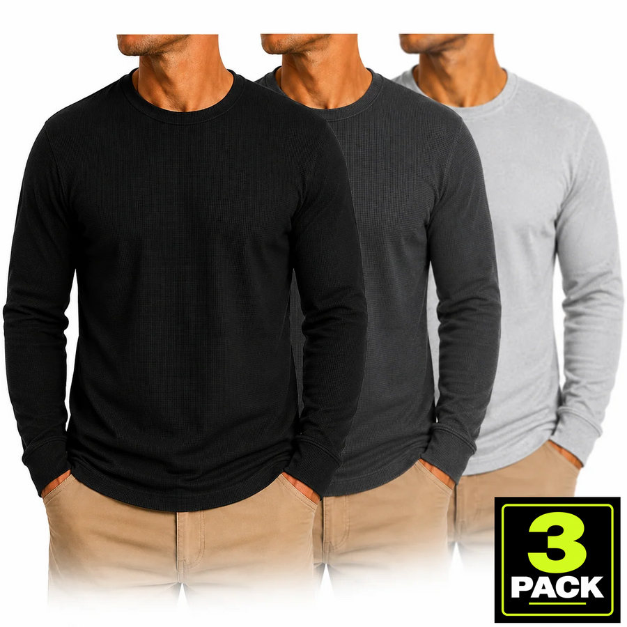 Men's 3-Pack Waffle-Knit Long Sleeve Thermal Shirt — Black / Charcoal / Grey