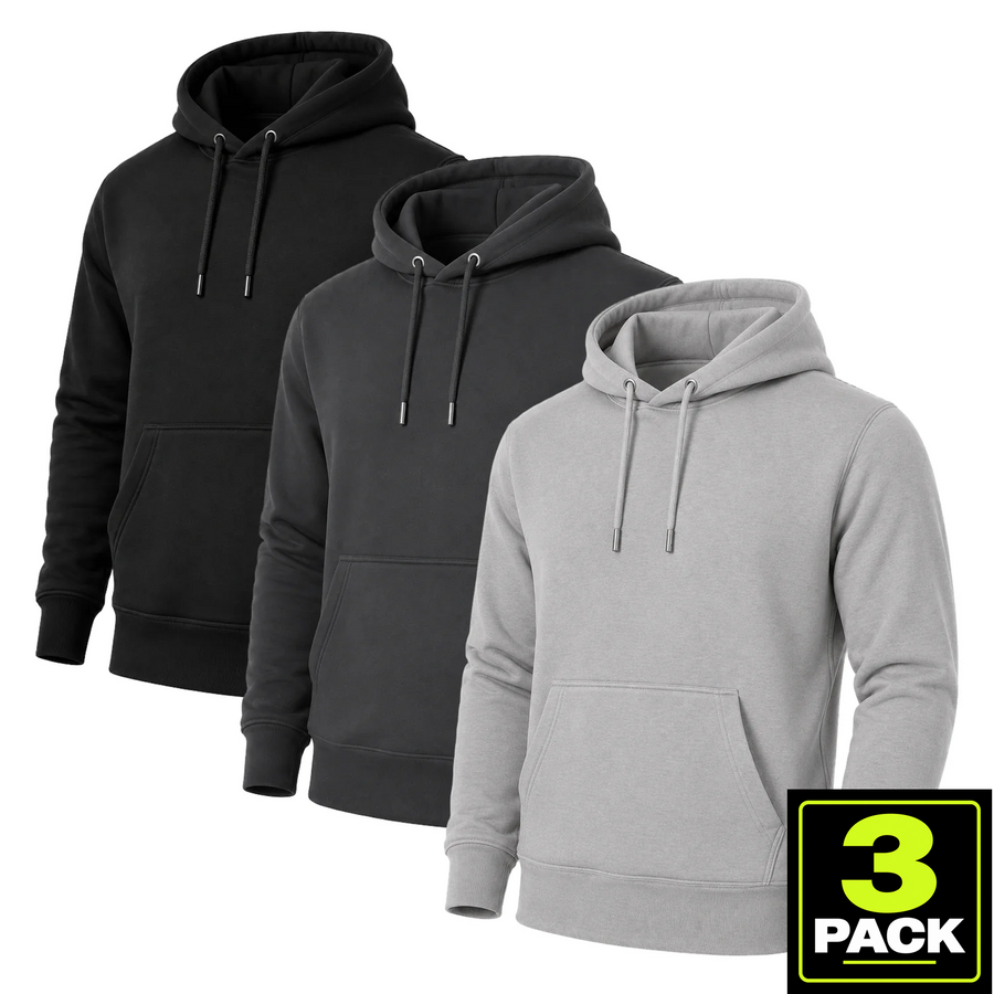 Men's 3-Pack Heavyweight Soft Fleece Pullover Hoodie — Black / Charcoal / Heather Grey
