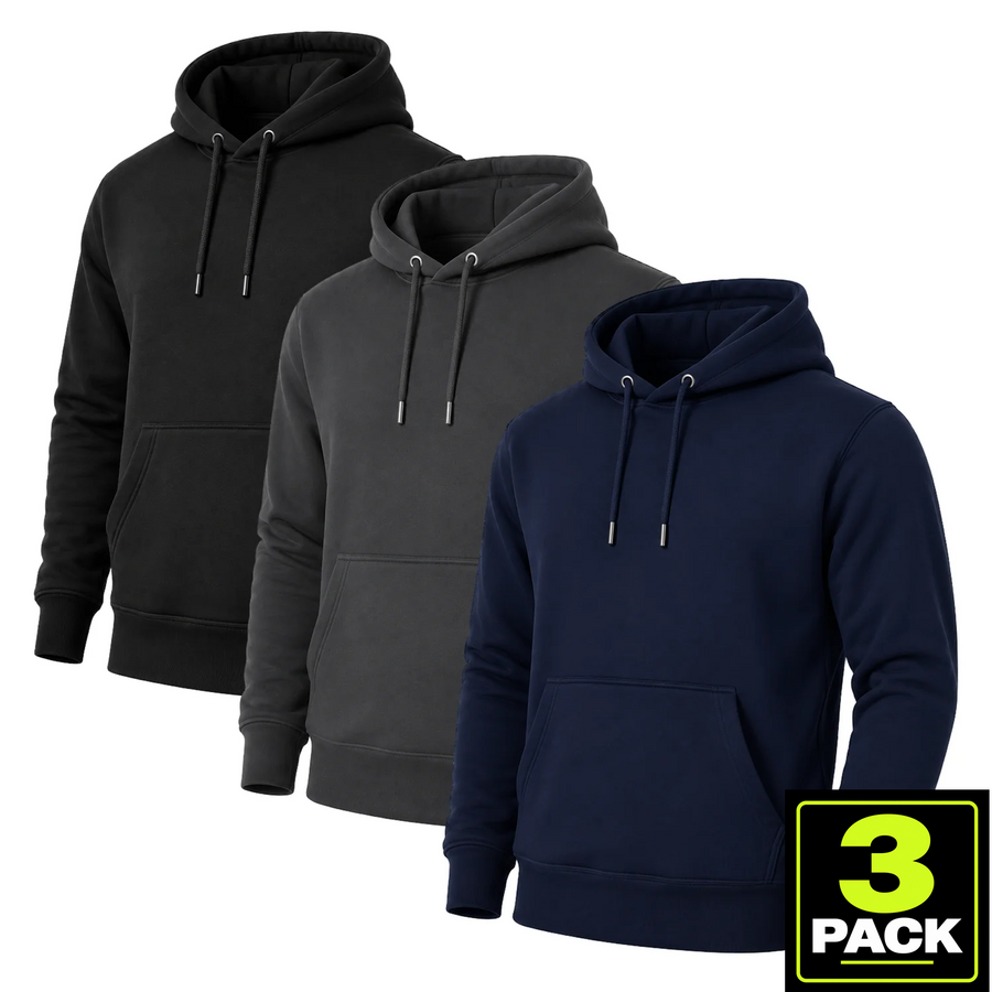 Men's 3-Pack Heavyweight Soft Fleece Pullover Hoodie — Black / Charcoal / Navy