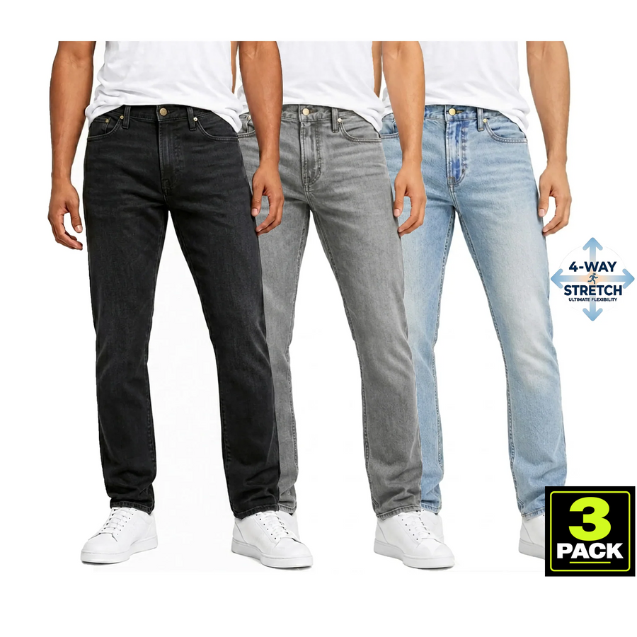 Men's 3-Pack Flex Stretch Slim Straight Jeans — Black / Grey / Light Wash