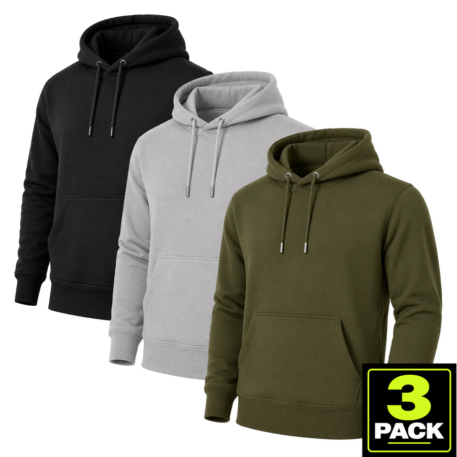Men's 3-Pack Heavyweight Soft Fleece Pullover Hoodie — Black / Heather Grey / Olive