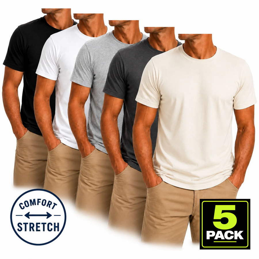 Men's 5-Pack Comfort Stretch Crewneck T-Shirts — Black / White / Grey / Charcoal / Natural