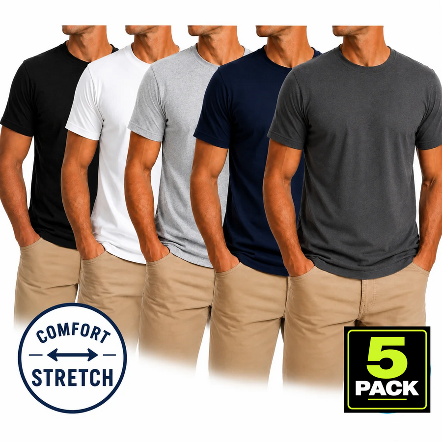 Men's 5-Pack Comfort Stretch Crewneck T-Shirts — Black / White / Grey / Navy / Charcoal