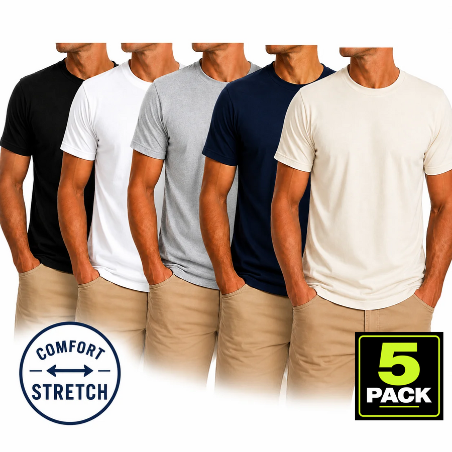 Men's 5-Pack Comfort Stretch Crewneck T-Shirts — Black / White / Grey / Navy / Natural