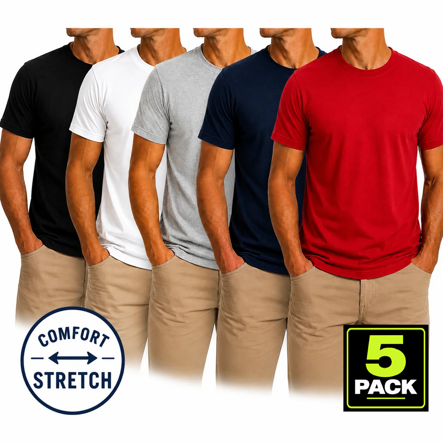 Men's 5-Pack Comfort Stretch Crewneck T-Shirts — Black / White / Grey / Navy / Red
