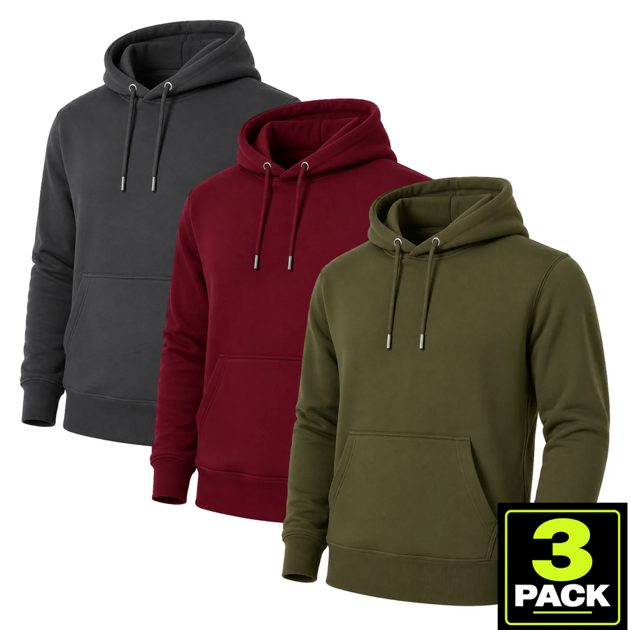 Men's 3-Pack Heavyweight Soft Fleece Pullover Hoodie — Charcoal / Burgundy / Olive