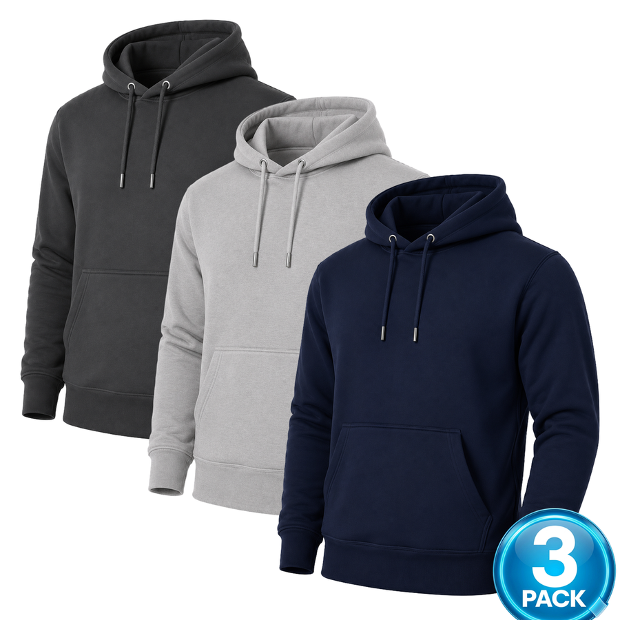 Men's 3-Pack Heavyweight Soft Fleece Pullover Hoodie — Charcoal / Heather Grey / Navy