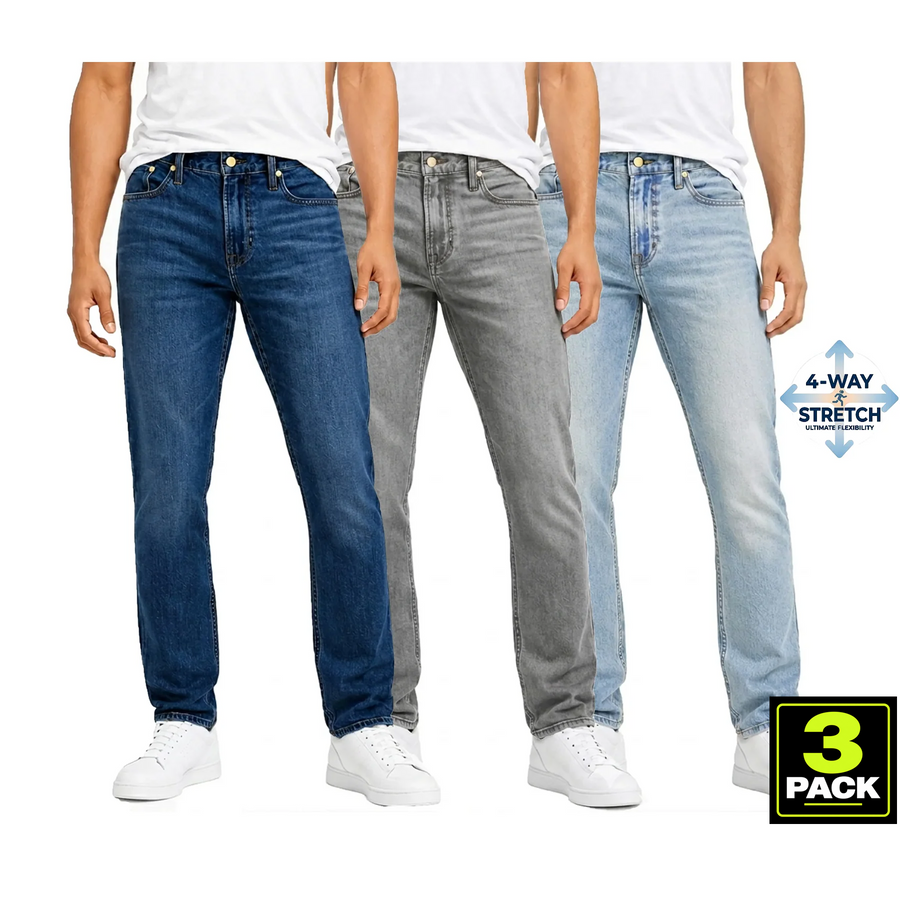 Men's 3-Pack Flex Stretch Slim Straight Jeans — Dark Blue / Grey / Light Wash
