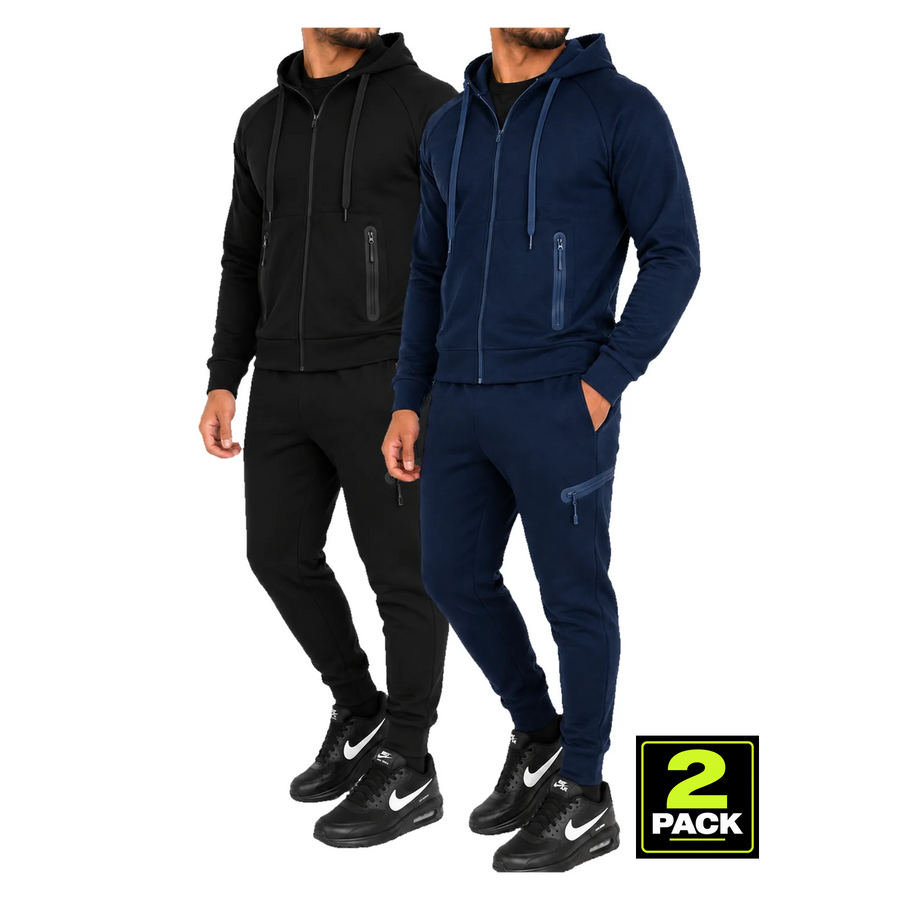 Men's 2 Pack Tech Fleece Zip-Up Hoodie & Jogger 2-Piece Set — Black & Navy