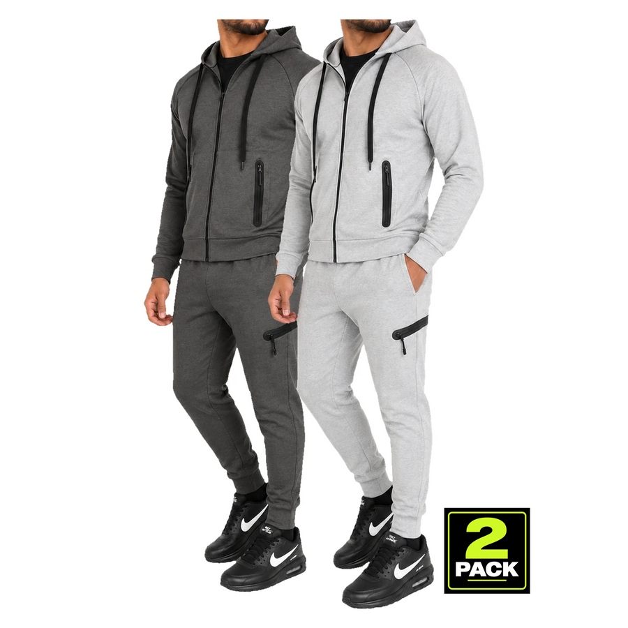 Men's 2 Pack Tech Fleece Zip-Up Hoodie & Jogger 2-Piece Set — Charcoal & Heather Grey