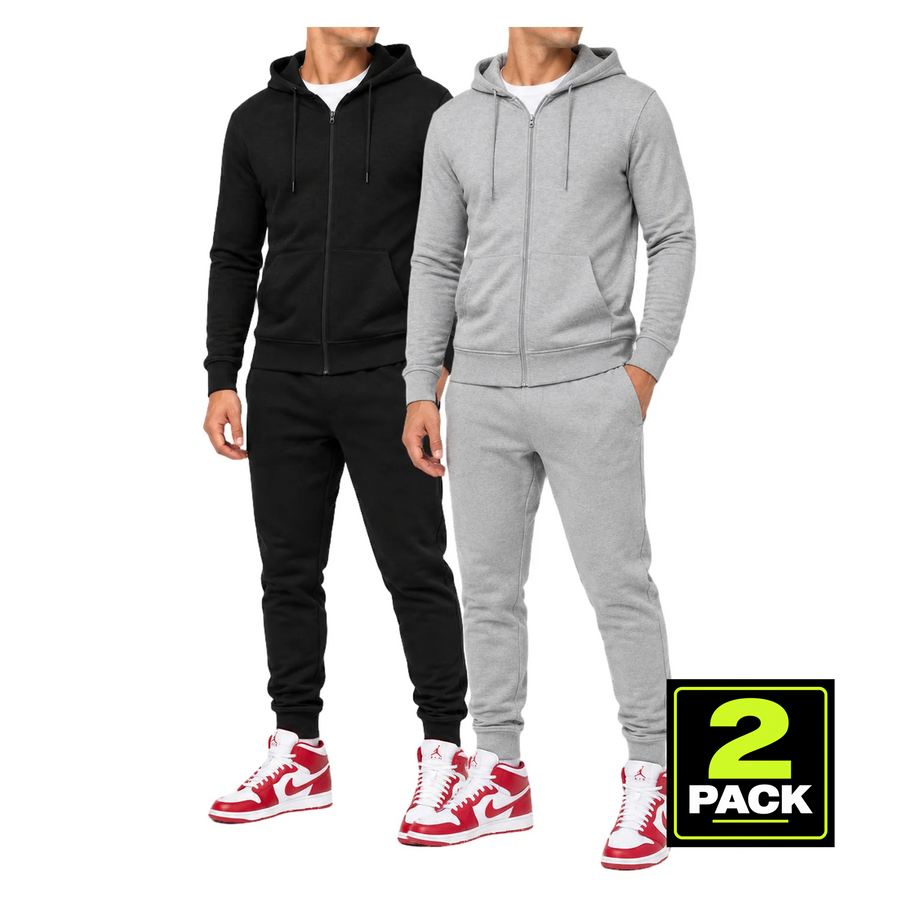 Men's 2-Pack Lightweight French Terry Zip-Up Hoodie & Jogger Set — Black / Heather Grey