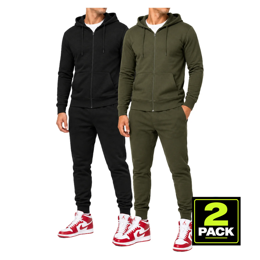 Men's 2-Pack Lightweight French Terry Zip-Up Hoodie & Jogger Set — Black / Olive