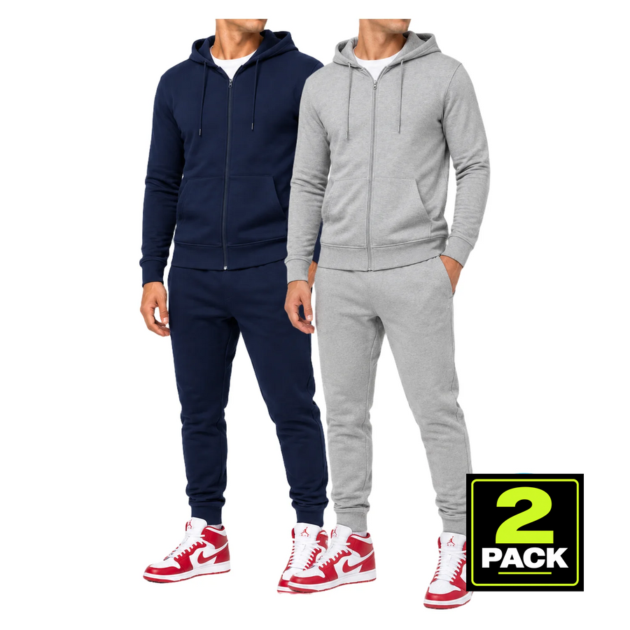 Men's 2-Pack Lightweight French Terry Zip-Up Hoodie & Jogger Set — Heather Grey / Navy