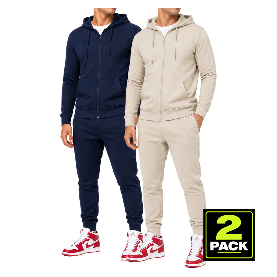 Men's 2-Pack Lightweight French Terry Zip-Up Hoodie & Jogger Set — Navy / Khaki