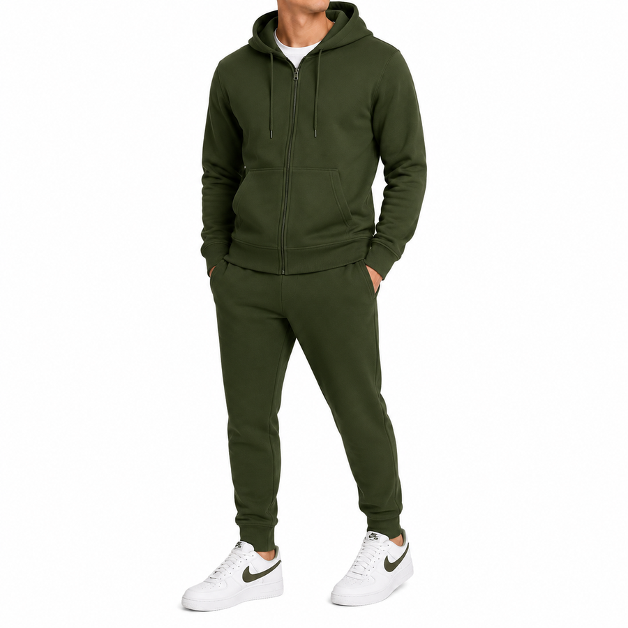 Men's Heavyweight Fleece-Lined Zip-Up Hoodie & Jogger 2-Piece Set — Olive