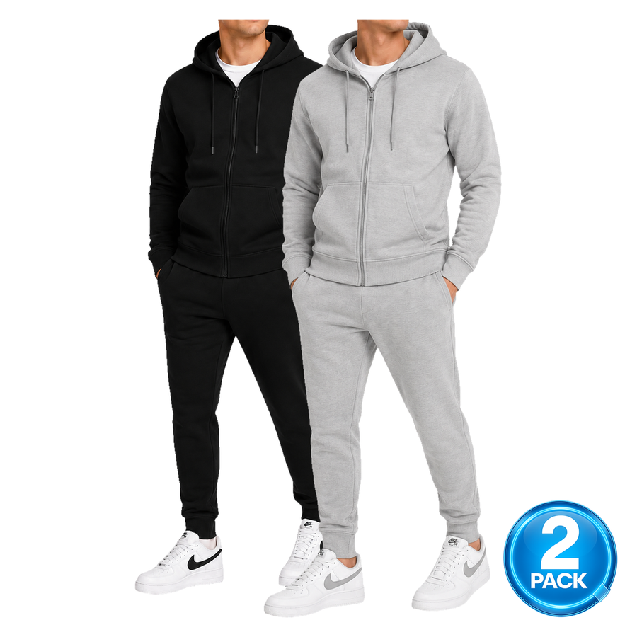 Men's 2 Pack Heavyweight Fleece Zip-Up Hoodie & Jogger 2-Piece Set — Black / Grey