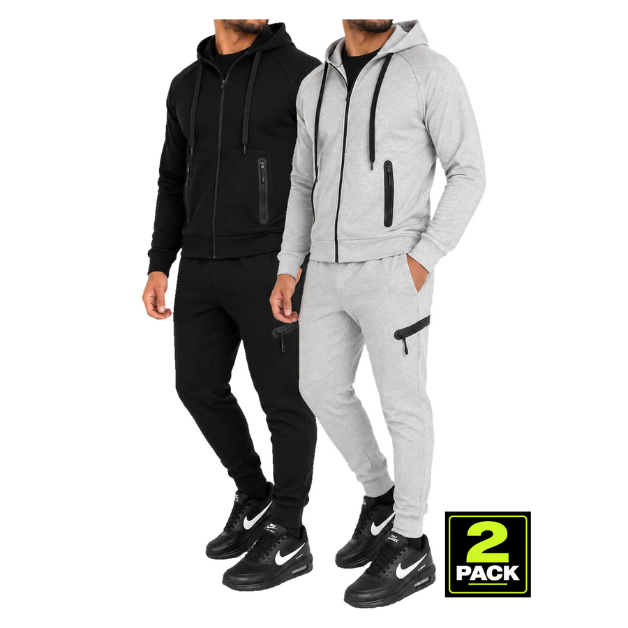 Men's 2 Pack Tech Fleece Zip-Up Hoodie & Jogger 2-Piece Set — Black & Heather Grey