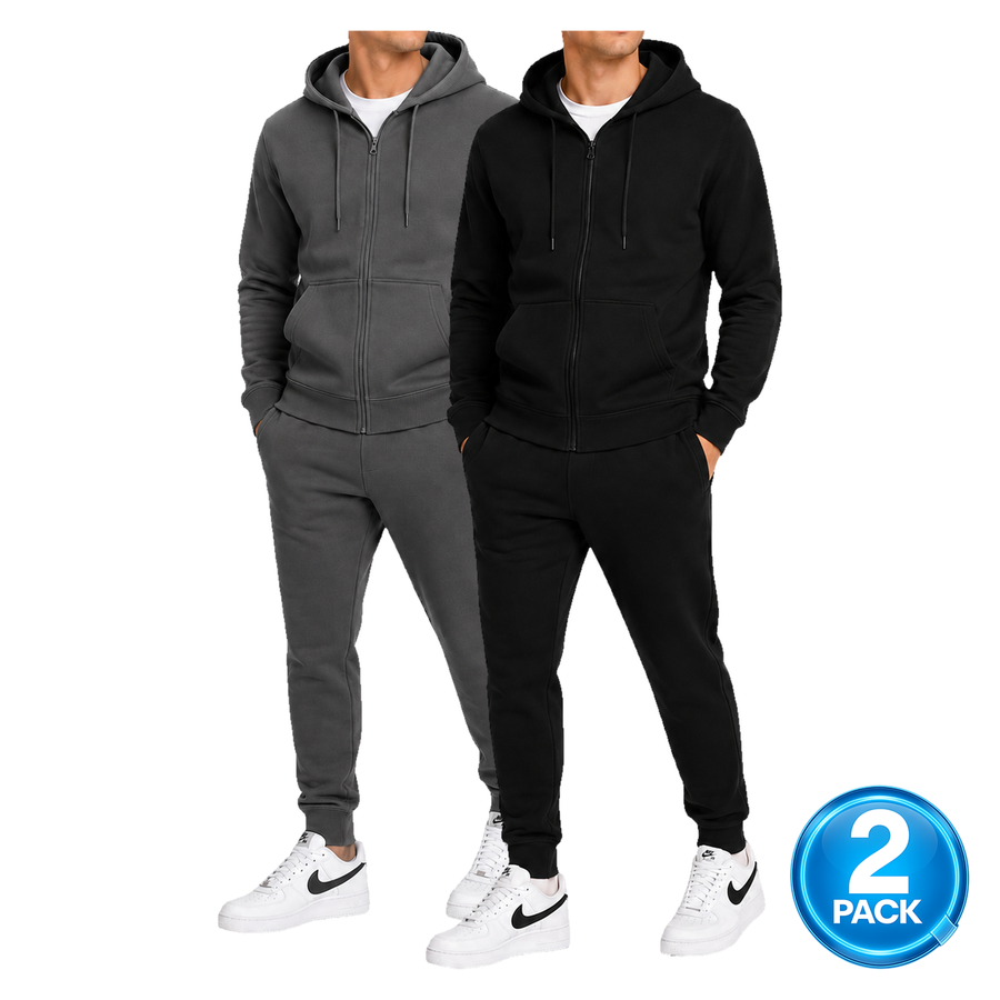 Men's 2 Pack Heavyweight Fleece Zip-Up Hoodie & Jogger 2-Piece Set — Charcoal / Black