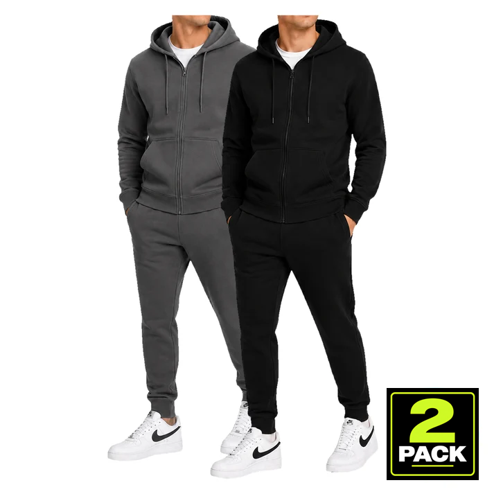 Men's 2 Pack Heavyweight Fleece Zip-Up Hoodie & Jogger 2-Piece Set — Charcoal / Black