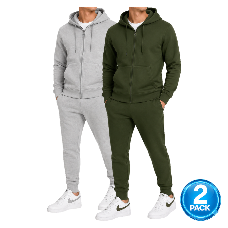 Men's 2 Pack Heavyweight Fleece Zip-Up Hoodie & Jogger 2-Piece Set — Grey / Olive